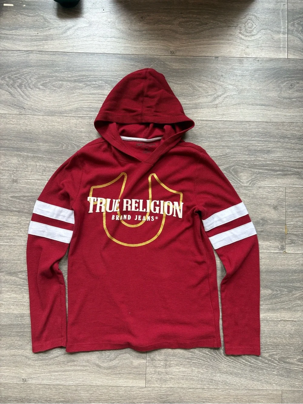 TrueReligion Maroon Hooded Sweatshirt with White Sleeve Stripes Mens extra small